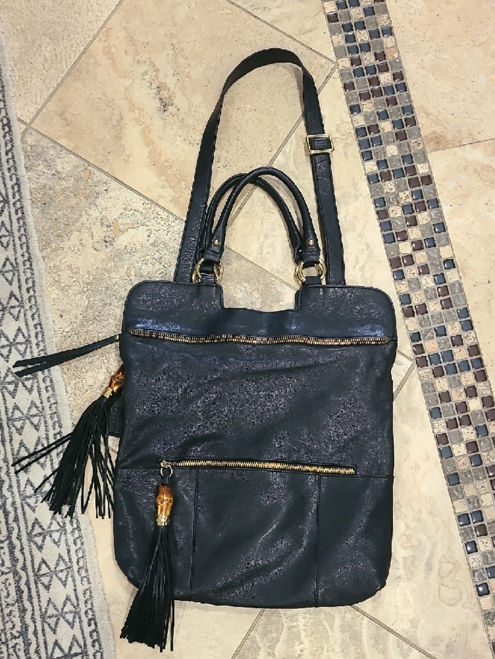Sorial New York Black Leather Tote Bag with Tassel Accents - Picture 4 of 11